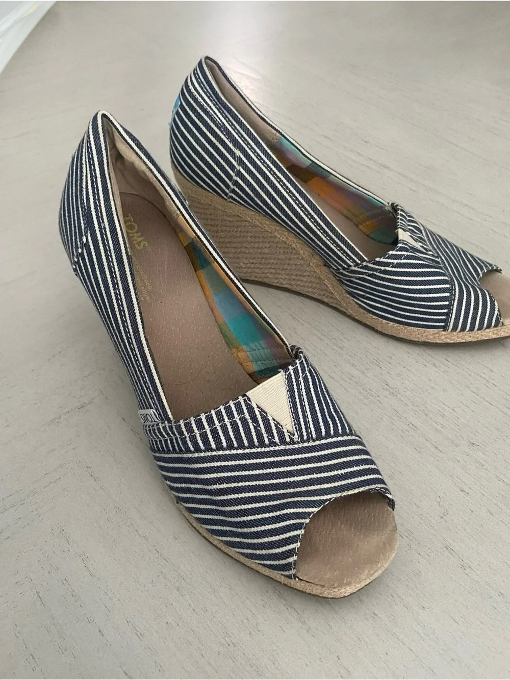TOMS Navy and White Striped Espadrille Wedge Peep-Toe 8/8.5